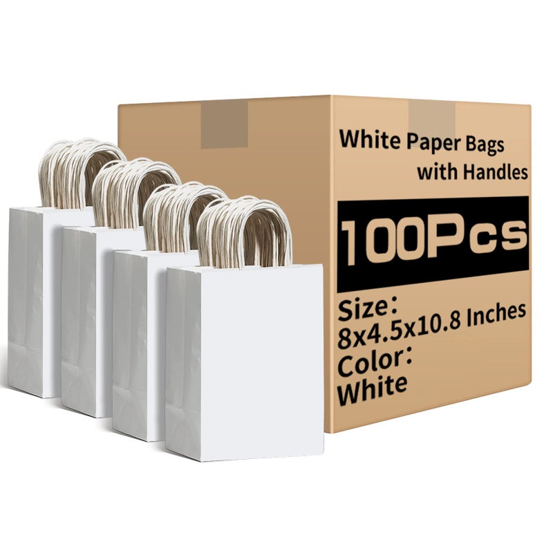 RACETOP White Paper Bags with Handles Bulk 8x45x108 100Pcs Gift Bags Medium Size White Gift Bags with Handles Gift Bag Bulk for Retail Party Shopping Merchandise